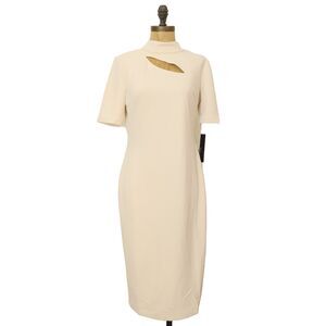 Maggy London Horn Cream Cutout Midi Dress Size 6 Sheath Short Sleeve NWT B59